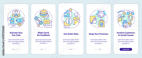 Customer engagement methods onboarding mobile app screen. Walkthrough 5 steps editable graphic instructions with linear concepts. UI, UX, GUI template. Myriad Pro-Bold, Regular fonts used © bsd studio