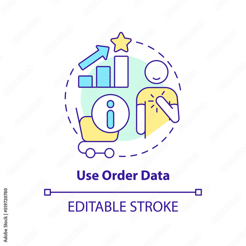 Use order data concept icon. Analyze information. Customer engagement strategy abstract idea thin line illustration. Isolated outline drawing. Editable stroke. Arial, Myriad Pro-Bold fonts used