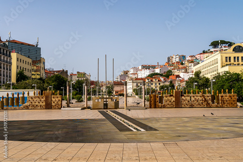 Martim Moniz Square in the center of Portugal. Pigeons in the square. Lisbon
