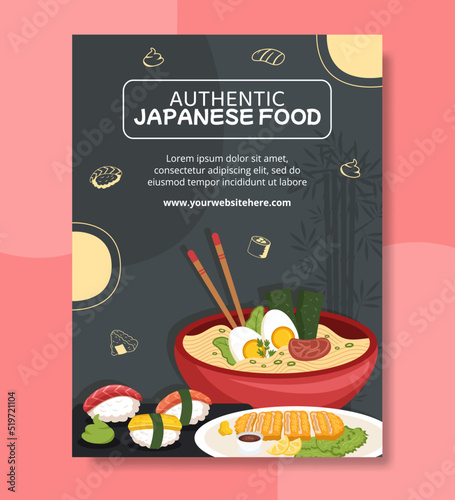 Japanese Food Poster Template Flat Cartoon Background Vector Illustration