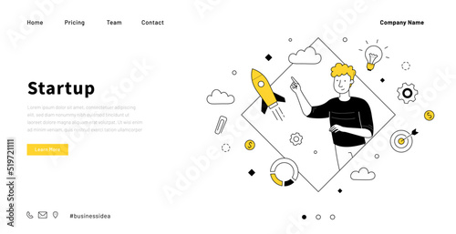 Startup company website doodle template. Successful business home page. Line art illustration of rising rocket and happy smart businessman having idea, motivated for development. Creative idea concept