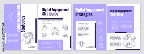 Digital engagement strategies purple brochure template. Leaflet design with linear icons. Editable 4 vector layouts for presentation, annual reports. Anton, Lato-Regular fonts used