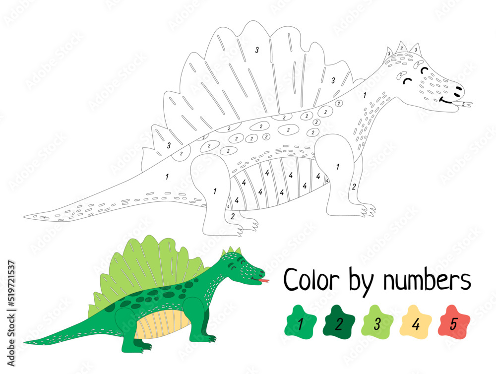 Coloring page by numbers. Funny dinosaur. Educational game for preschool kids, learn numbers and colors Coloring page by numbers. Funny dinosaur. Educational game for preschool kids, learn numbers and colors
