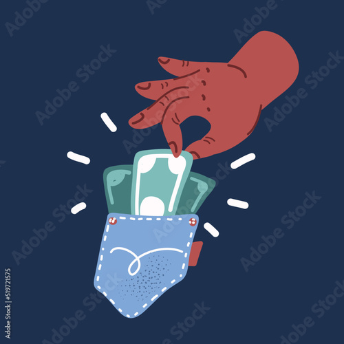 Cartoon vector illustration of Pick pocketing: gloved hand stealing money from victim's pocket, financial crime