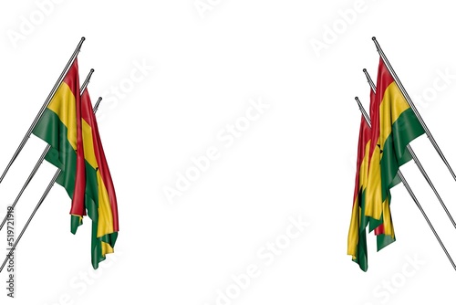 cute holiday flag 3d illustration. - many Ghana flags hanging on diagonal poles from left and right sides isolated on white