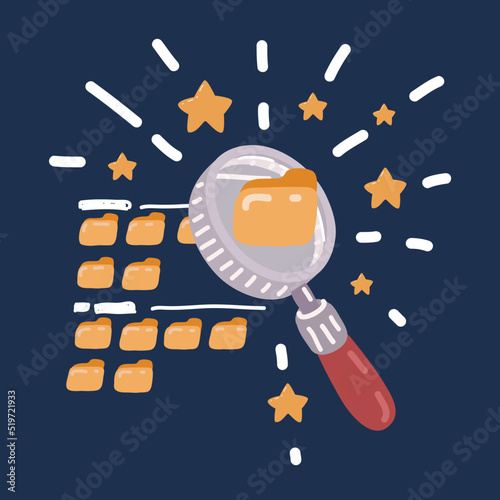 Cartoon vector illustration of Searching folders with magnificent glass. Data and information