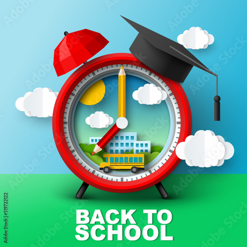 Back to school alarm clock paper cut vector design