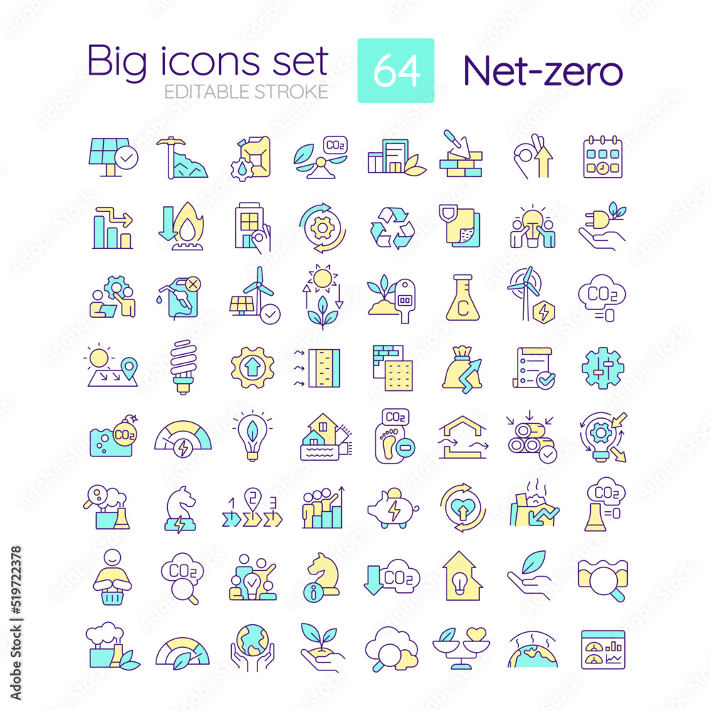 Net zero strategies RGB color icons set. Carbon footprints. Environment protection. Isolated vector illustrations. Simple filled line drawings collection. Editable stroke. Quicksand-Light font used Net zero strategies RGB color icons set. Carbon footprints. Environment protection. Isolated vector illustrations. Simple filled line drawings collection. Editable stroke. Quicksand-Light font used