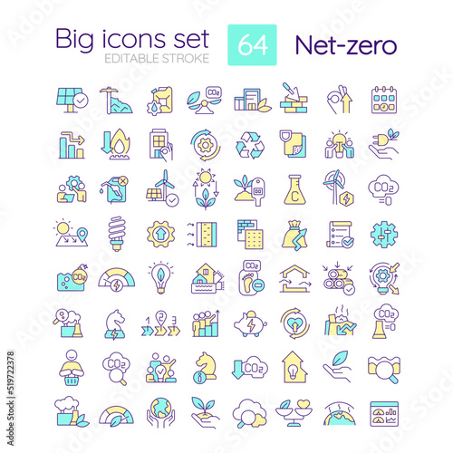 Net zero strategies RGB color icons set. Carbon footprints. Environment protection. Isolated vector illustrations. Simple filled line drawings collection. Editable stroke. Quicksand-Light font used © bsd studio