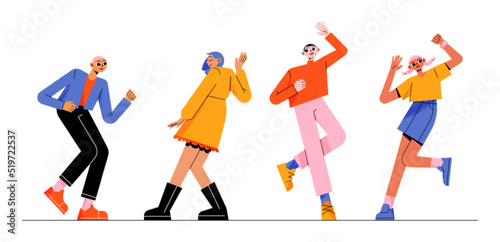 People dance, move body at music tunes. Young male and female characters enjoying melodies. Excited men and women dancing and rejoice at disco party or celebration, Line art flat vector illustration