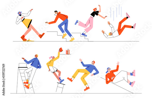 Vector people falling down stairs, ladder and on slippery floor. Cartoon flat illustration set looser men and women stumbling and slipping by accident. Risk of injury. Bad luck or misfortune concept