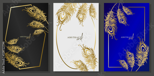 Elegant covers set with golden peacock feathers. Gold silhouette feathers on black, white and blue background. Luxurious ornament on the frame.