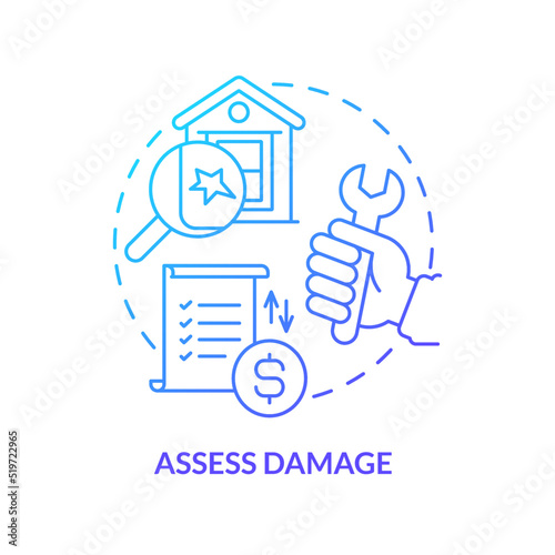 Assess damage blue gradient concept icon. Hailstorm safety abstract idea thin line illustration. Property inspection. Real estate repair. Isolated outline drawing. Myriad Pro-Bold font used