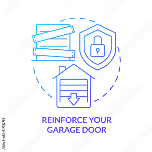 Reinforce garage door blue gradient concept icon. Wind storms safety abstract idea thin line illustration. Hurricane resistance. Roller door. Isolated outline drawing. Myriad Pro-Bold font used