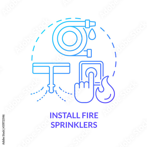 Install fire sprinklers blue gradient concept icon. Wild fire safety abstract idea thin line illustration. Isolated outline drawing. Protection system in building. Myriad Pro-Bold font used