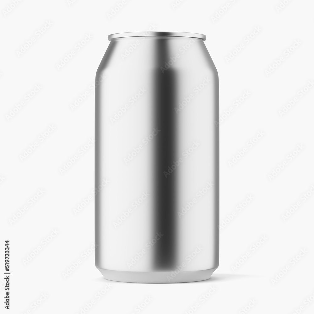 Metallic 330 ml can on white background mockup - 3D rendering Metallic 330 ml can on white background mockup - 3D rendering