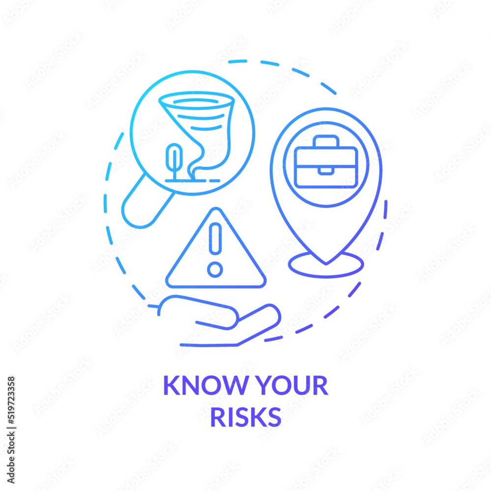 Know risks blue gradient concept icon. Prepare business for disaster abstract idea thin line illustration. Employee safety procedures. Isolated outline drawing. Myriad Pro-Bold font used Know risks blue gradient concept icon. Prepare business for disaster abstract idea thin line illustration. Employee safety procedures. Isolated outline drawing. Myriad Pro-Bold font used