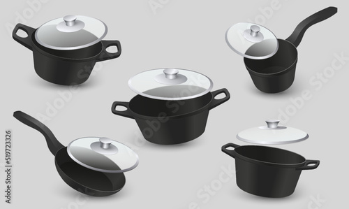 Kitchen cast iron pot and pan realistic vector photo