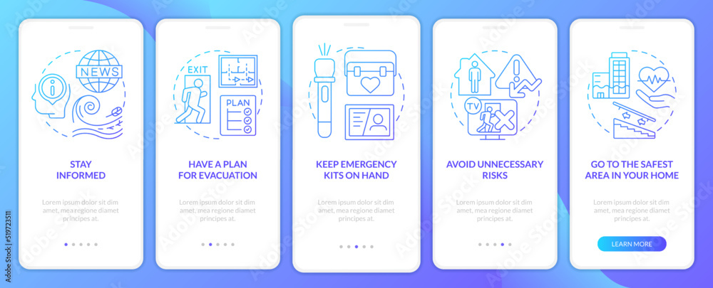 Emergency preparedness tips blue gradient onboarding mobile app screen. Walkthrough 5 steps graphic instructions with linear concepts. UI, UX, GUI template. Myriad Pro-Bold, Regular fonts used Emergency preparedness tips blue gradient onboarding mobile app screen. Walkthrough 5 steps graphic instructions with linear concepts. UI, UX, GUI template. Myriad Pro-Bold, Regular fonts used