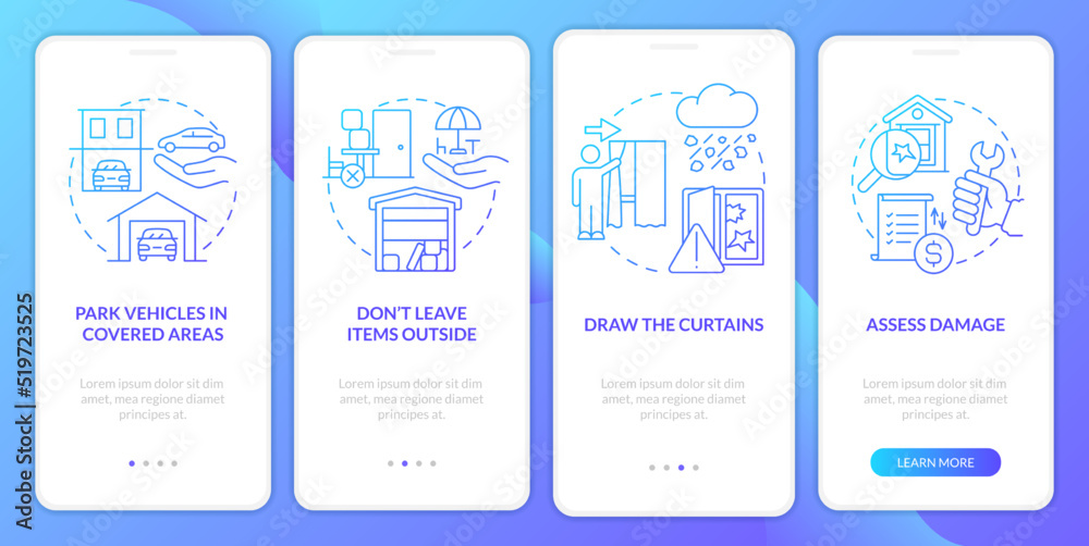 Staying safe during hail blue gradient onboarding mobile app screen. Walkthrough 4 steps graphic instructions with linear concepts. UI, UX, GUI template. Myriad Pro-Bold, Regular fonts used