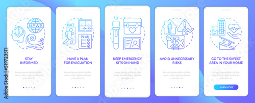 Emergency preparedness tips blue gradient onboarding mobile app screen. Walkthrough 5 steps graphic instructions with linear concepts. UI, UX, GUI template. Myriad Pro-Bold, Regular fonts used