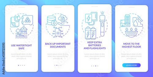 Flood precautionary measures blue gradient onboarding mobile app screen. Walkthrough 4 steps graphic instructions with linear concepts. UI  UX  GUI template. Myriad Pro-Bold  Regular fonts used