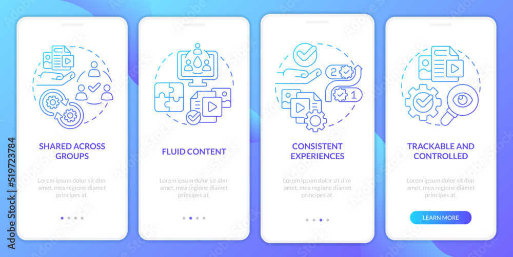 Content tips blue gradient onboarding mobile app screen. Design creating walkthrough 4 steps graphic instructions with linear concepts. UI, UX, GUI template. Myriad Pro-Bold, Regular fonts used