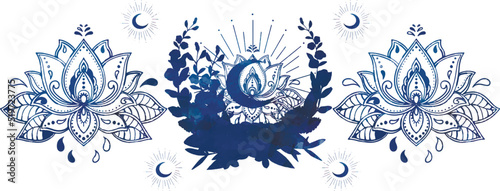 Mandala, yoga, watercolour botanical horizontal illustration with moon, lotus, flowes, butterflies. Ramadan pattern.