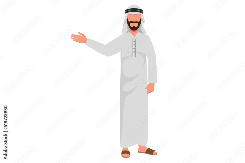 Business flat drawing young Arabian businessman points with his hand to present something. Confident male manager presentation, demonstrating, introducing something. Cartoon design vector illustration