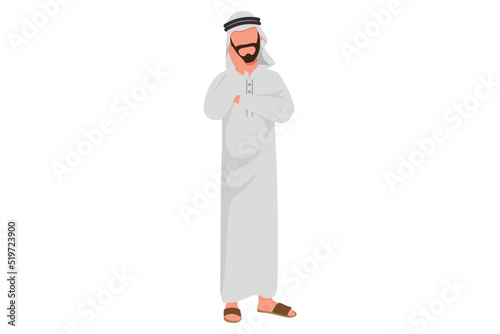 Business flat cartoon drawing Arab businessman feels toothache. Bad tooth, dental abscess. Man holding cheek with hand, suffering from tooth ache. Illness on teeth. Graphic design vector illustration