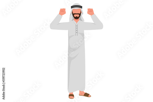 Business flat drawing active Arabian businessman shows two biceps or fist up. Male manager shows strong, win, victory gesture. Power success and positive emotions. Cartoon design vector illustration