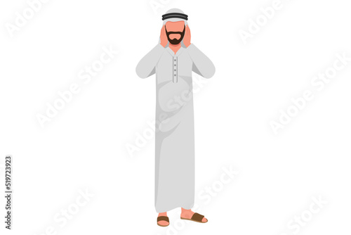 Business flat drawing young Arabian businessman covering with hands his ears. Office worker making don't hear or listen gesture. Man does not want to hear or listen. Cartoon design vector illustration