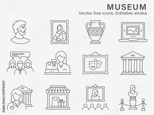 Museum icon set. Collection of sculpture, history, antique, gallery and more. Vector illustration. Editable stroke.