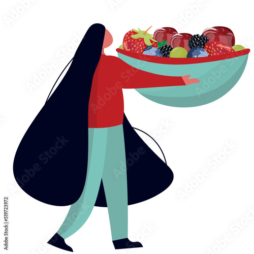 Woman with big bowl of different berries on white background