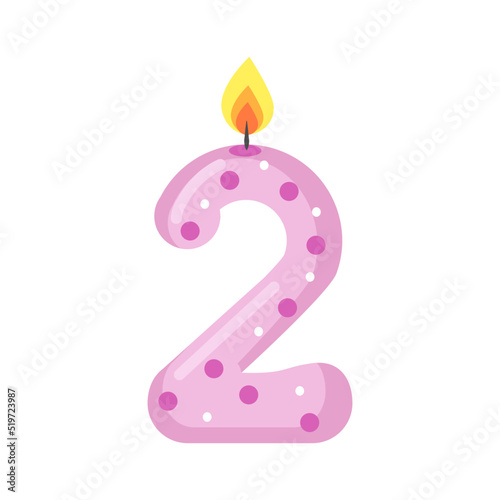 Burning candle in shape of figure 2 on white background