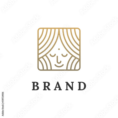 Queen Face Logo Design With Curtain Decoration , Premium Vector Template
