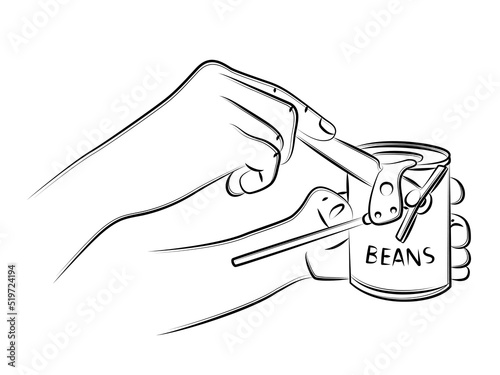Man opens can of beans. Manual can opener and tin can. Kitchen utensils, cooking appliances. Use for menu design, recipes and kitchen goods. Sketch, editable linear contour drawing in minimalist style