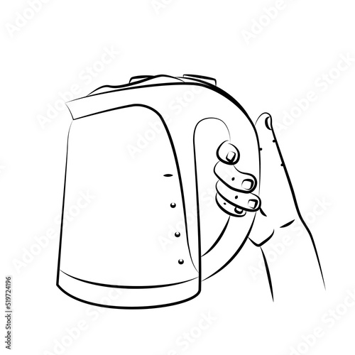 Electric kettle in hand. Household cooking appliance. Use for menu design, recipes, kitchen goods logo, icon, sticker, website, magazine. Teapot for boiling water. Sketch, editable linear drawing