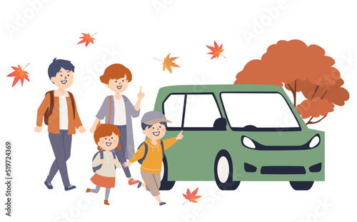 秋に車で出かけるファミリーのイラスト