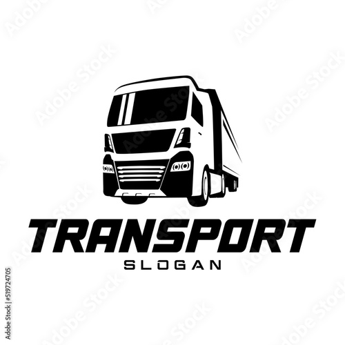 Logo with transport truck on white background, monochrome style
