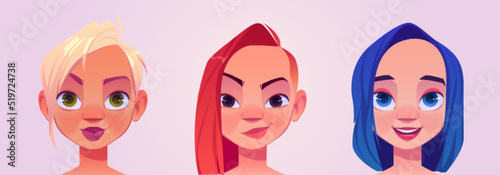 Women heads with blond, red and blue hairstyles. Female portraits with different stylish haircuts. Vector cartoon illustration of beautiful girls faces, fashion ladies avatars
