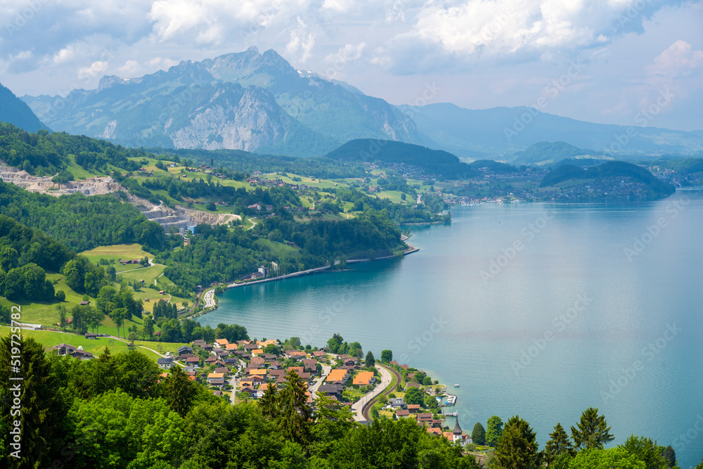 view on Lake Thun and Alps in Switzerland