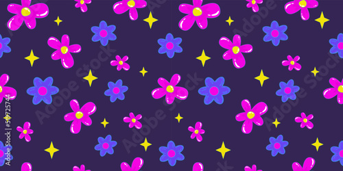 Flower power retro 1990s seamless pattern with daisy for wallpaper design. Psychedelic print. Flower power. Trendy pop art retro floral pattern. Bright seamless design.