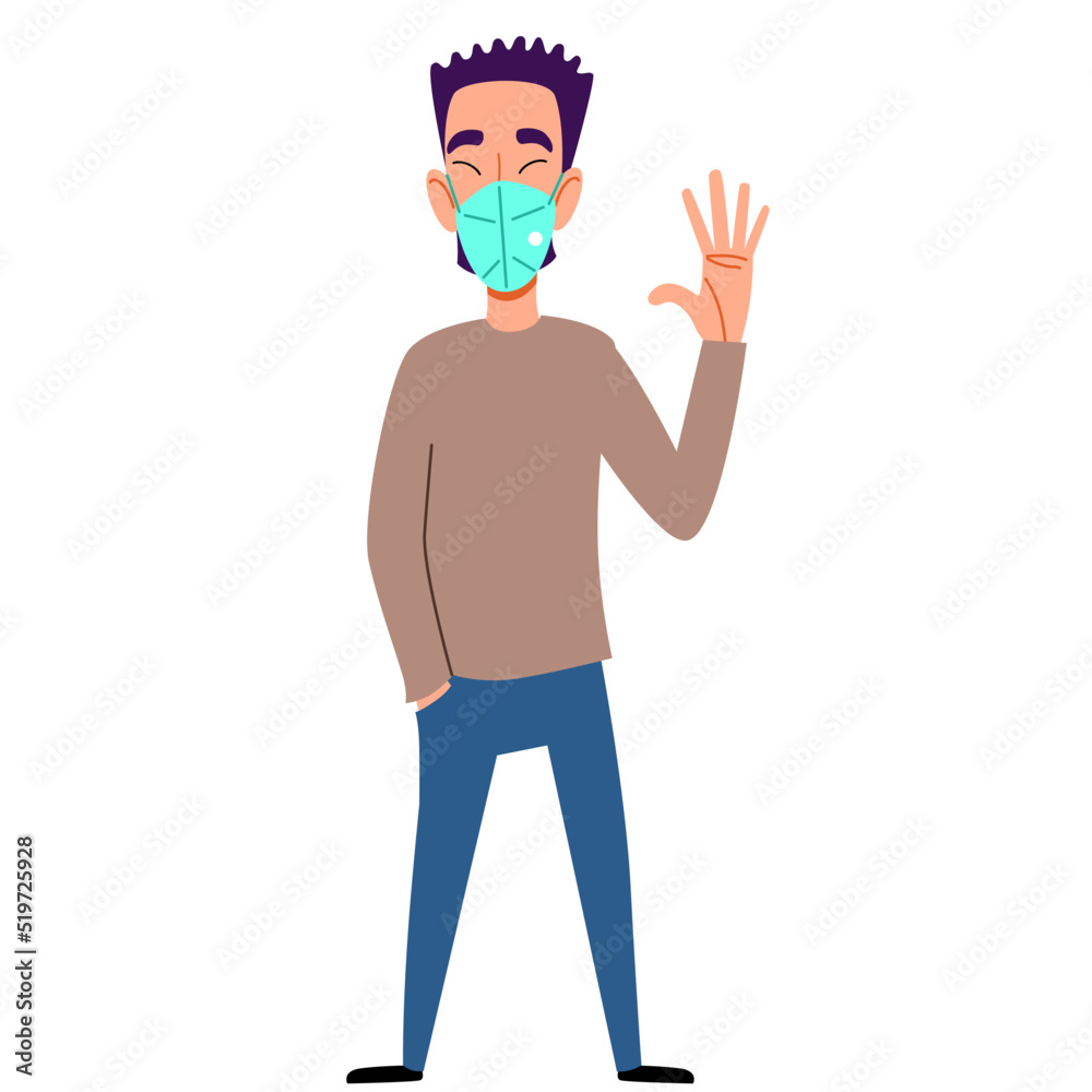 A fashionable Asian man in a medical mask. Friendly greeting of a young guy. A fashionable Asian man in a medical mask. Friendly greeting of a young guy.