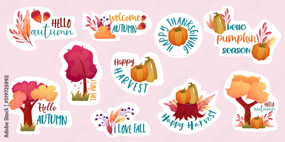 Autumn fall sticker set with pumpkin, leaves, tree elements. Cartoon vector illustration. Autumn harvest season. Sticker for print with text quote.