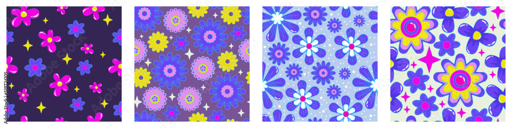 Flower power retro 1990s seamless pattern set with daisy for wallpaper design. Psychedelic print. Flower power. Trendy pop art retro floral pattern. Bright seamless design Flower power retro 1990s seamless pattern set with daisy for wallpaper design. Psychedelic print. Flower power. Trendy pop art retro floral pattern. Bright seamless design
