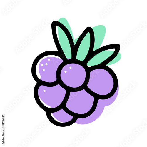 Doodle ripe raspberry. Violet berry with leaves on white background. Hand-drawn fruit. Symbol of summer, healthy raw food, gardening, market. Fresh cute organic print. Vector blackberry illustration