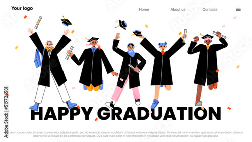 Happy graduation banner with college or university graduates jump and throw up caps in air. Vector landing page with flat illustration of jumping students in academic gowns with diploma scrolls