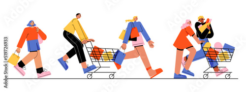 Happy people run to store sale. Vector flat illustration of diverse men and women with shopping carts and bags running for purchases. Concept of black friday sale, discount in shop