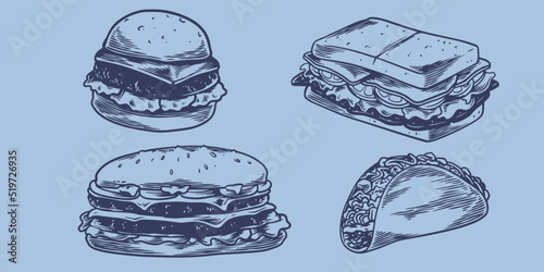 Hand drawing fast food set of sandwiches, two hamburgers, hot dogs, kebabs.Junk food restaurant fast food menu